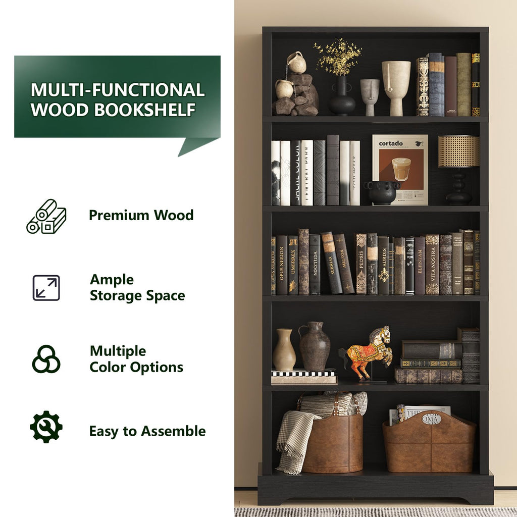 5 Tiers Wooden Bookshelf, 65.2" Tall 31.5" Wide Black Z226049
