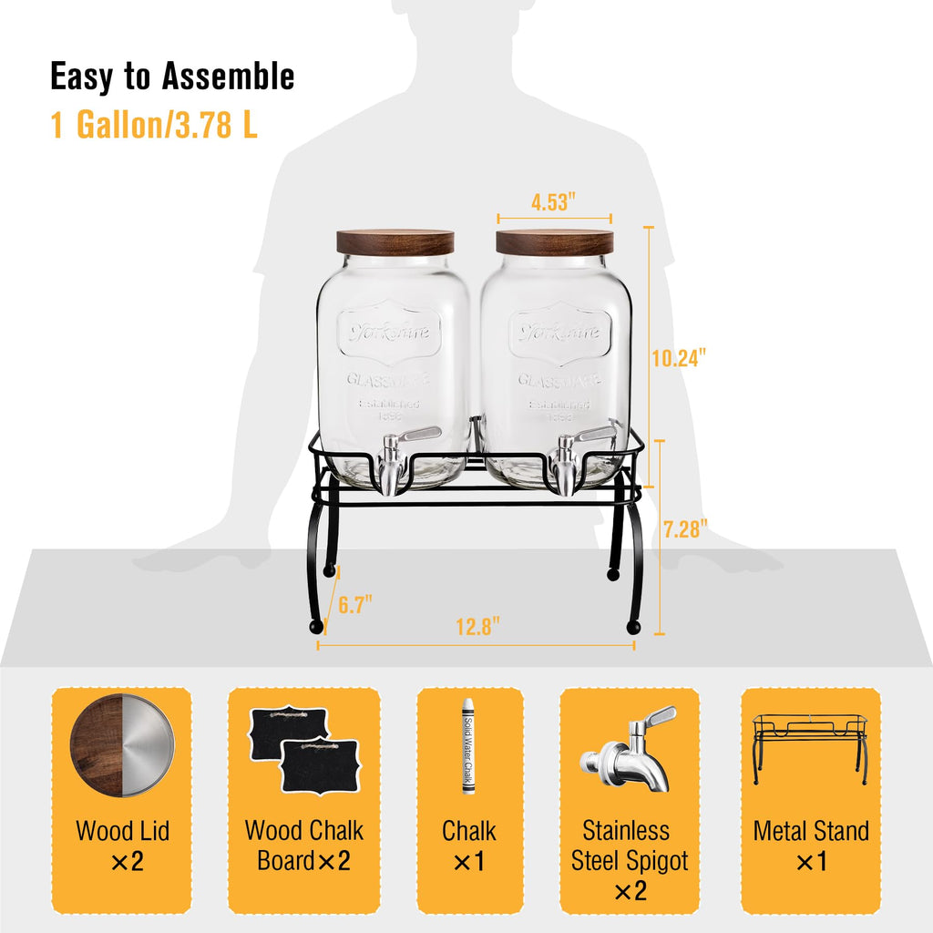 1 Gallon Glass Drink Dispenser with Stand, 2 Pcs D5575
