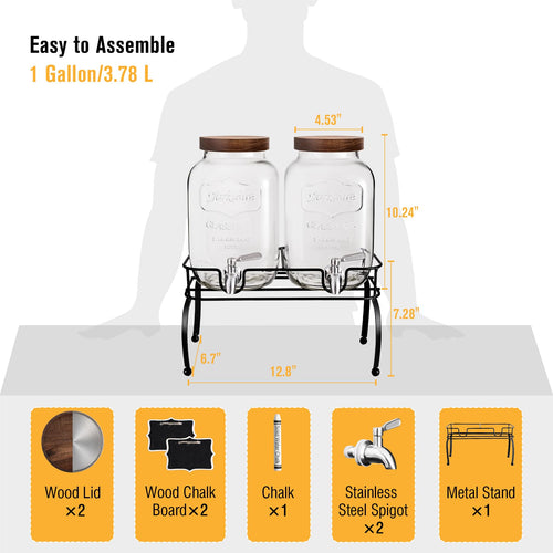 1 Gallon Glass Drink Dispenser with Stand, 2 Pcs D5575