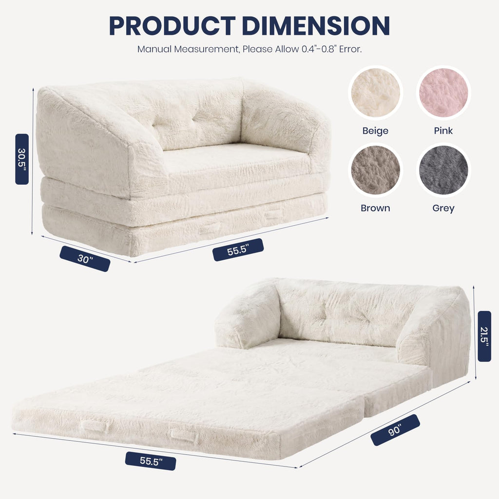 Convertible Folding Sofa Bed, 2 in 1 Portable Floor Couch & Foam Mattress with Handle, Space-Saving Faux Fur Futon Chair for Living Room, Bedroom, Guest Room (Loveseat, Beige) P217