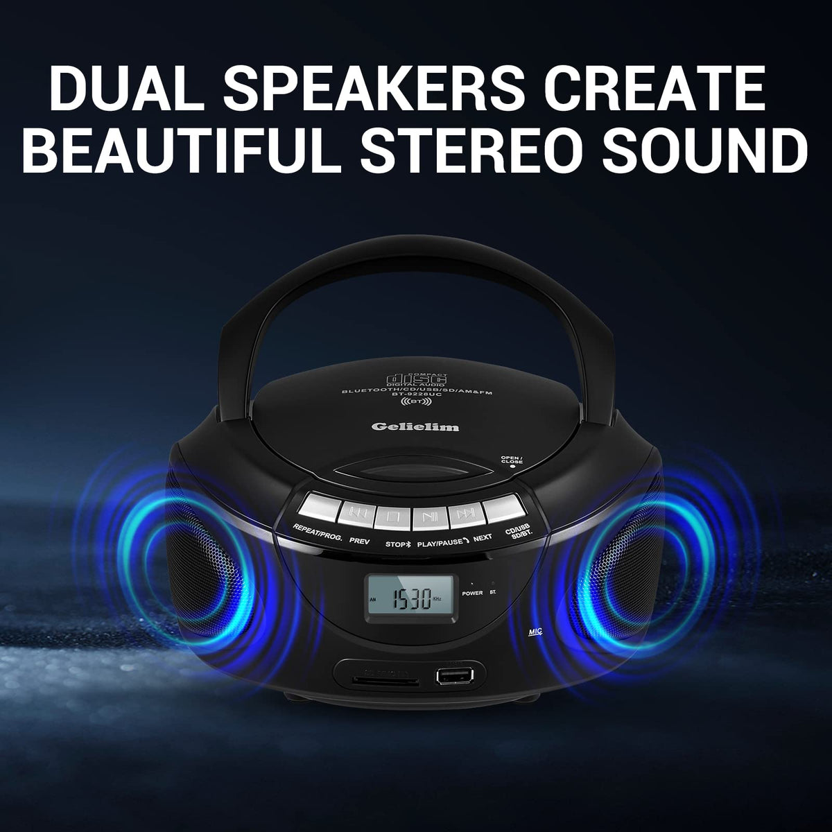 Portable CD Boombox with AM/FM Radio, Bluetooth, USB, SD Card, LCD Display, Black B999326
