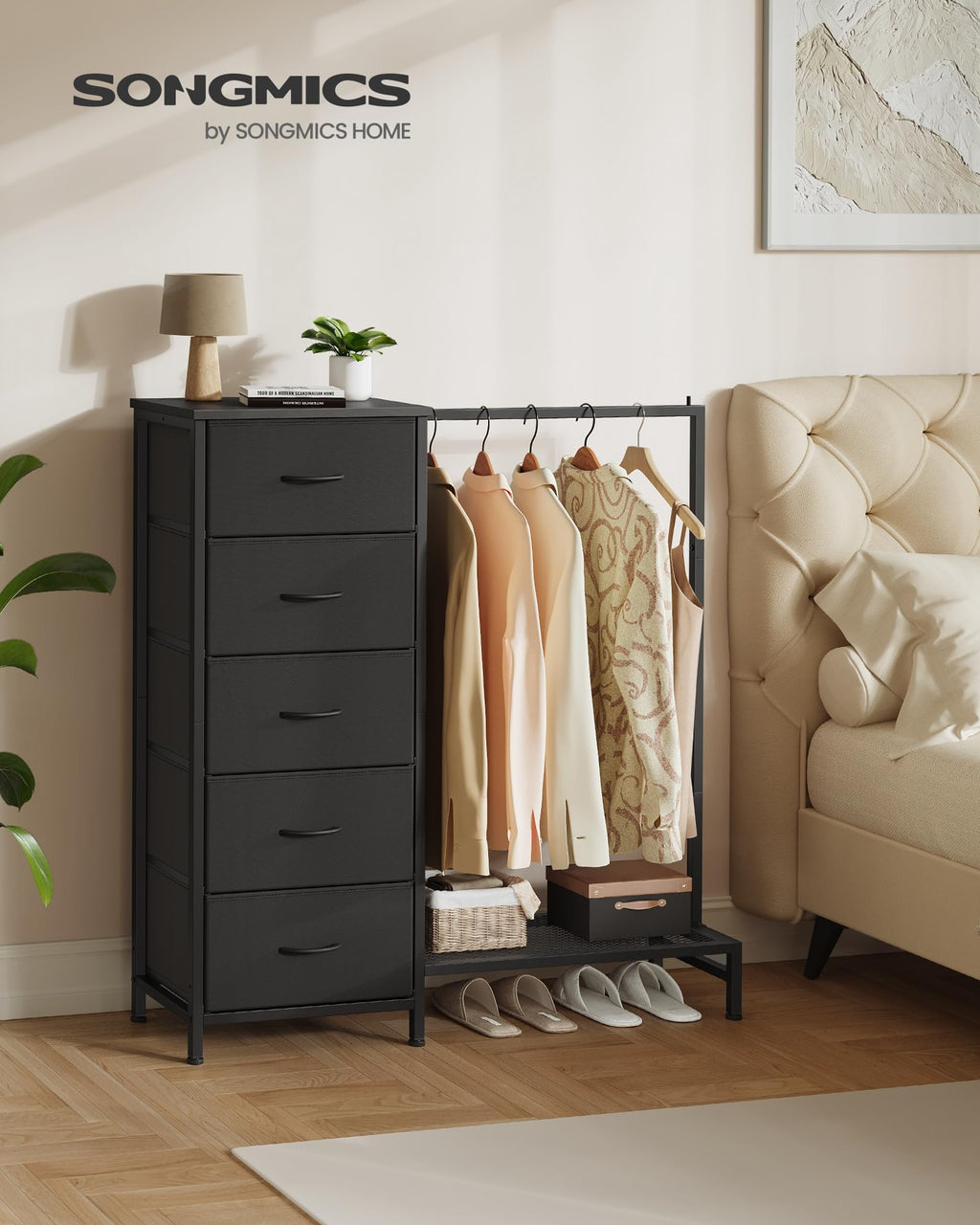 Fabric Dresser with Hanging Rod and 5 Drawers E696