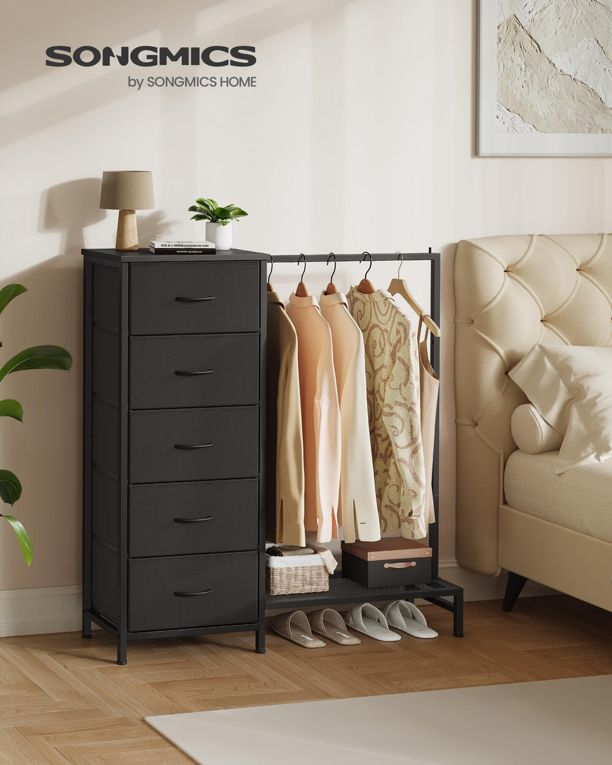 Fabric Dresser with Hanging Rod and 5 Drawers E696