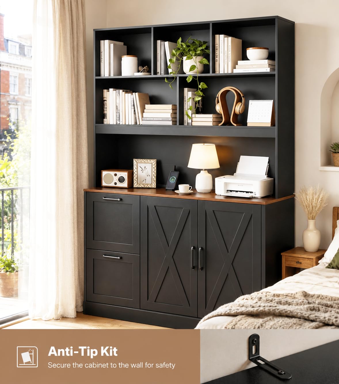 72'' Tall Black Bookshelf with Power Outlet, 2 Drawer File Cabinet, 3-Tier Shelves K43008