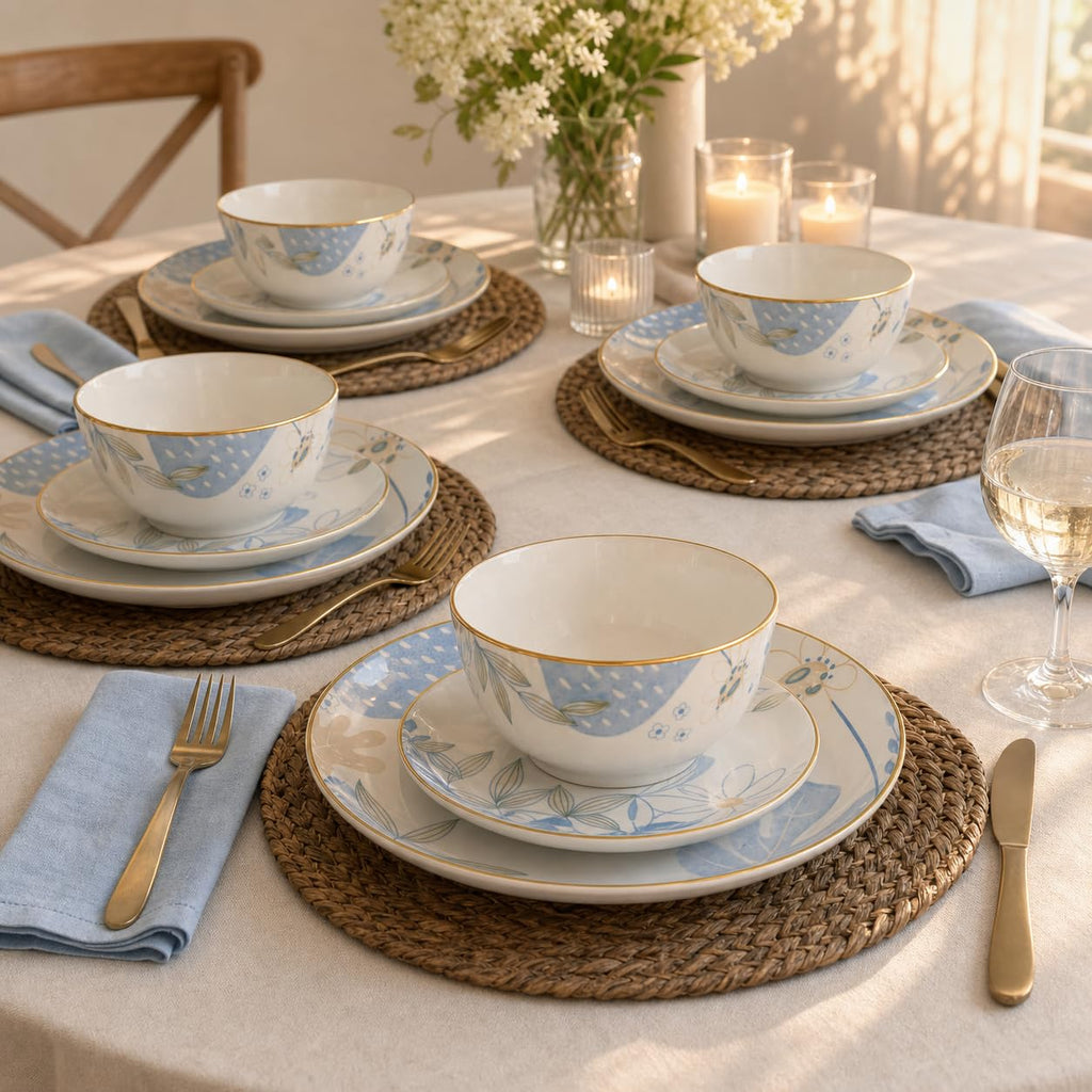 12-Piece Blue Floral Ceramic Dinnerware Set F5391