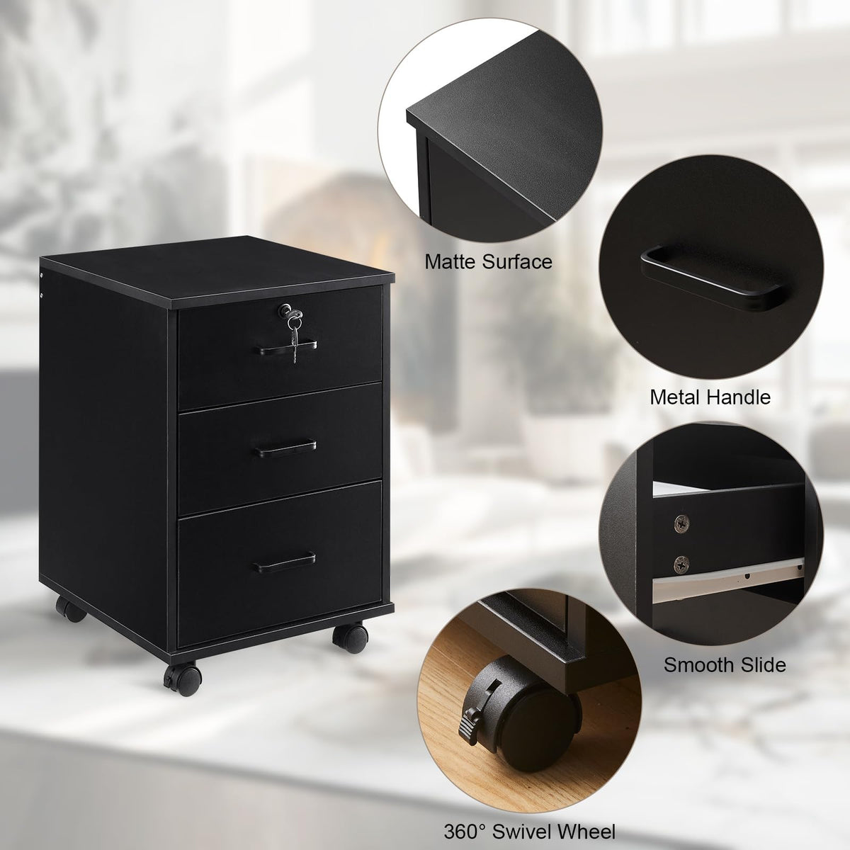3 Drawer Black File Cabinet with Lock I250550