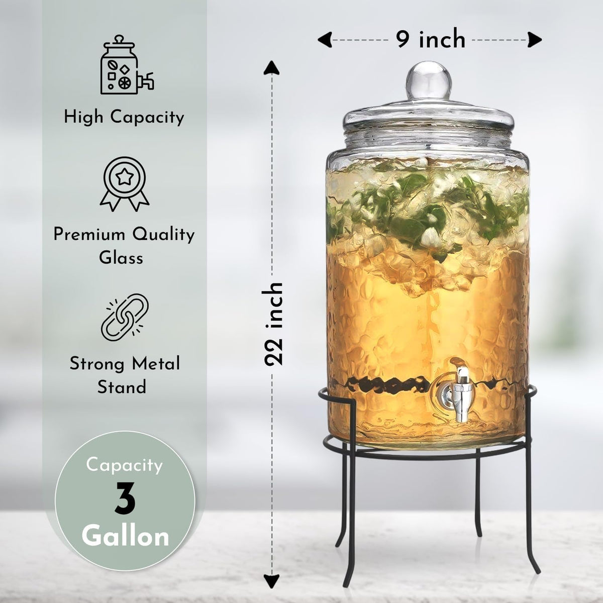 3 Gallon Glass Beverage Dispenser with Metal Stand & Lid V3926