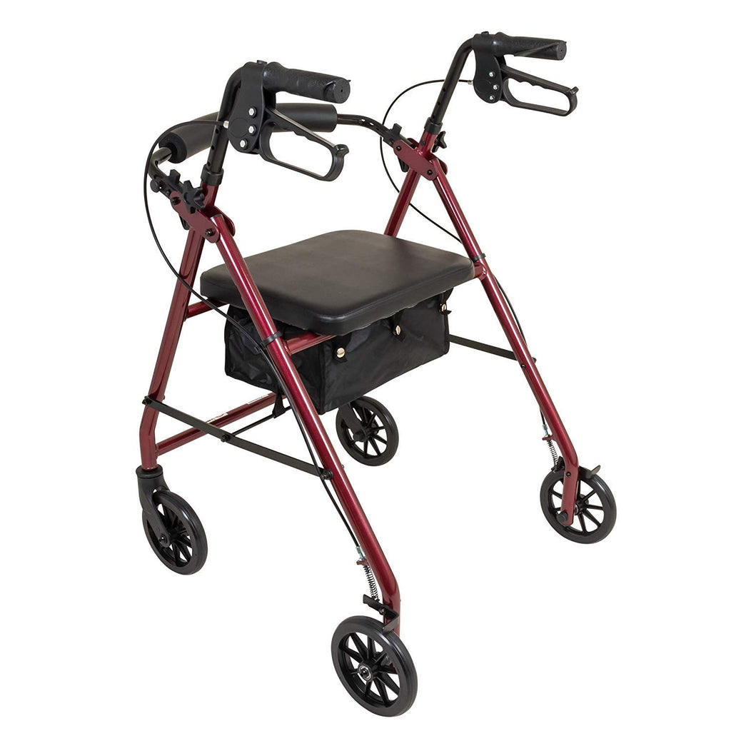 Aluminum Rollator Walker with Seat, 6-inch Wheels, Foldable, Burgundy E1909