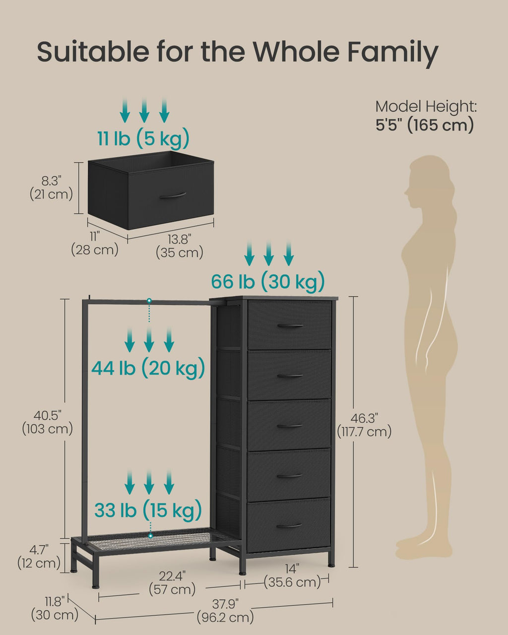 Fabric Dresser with Hanging Rod and 5 Drawers E696