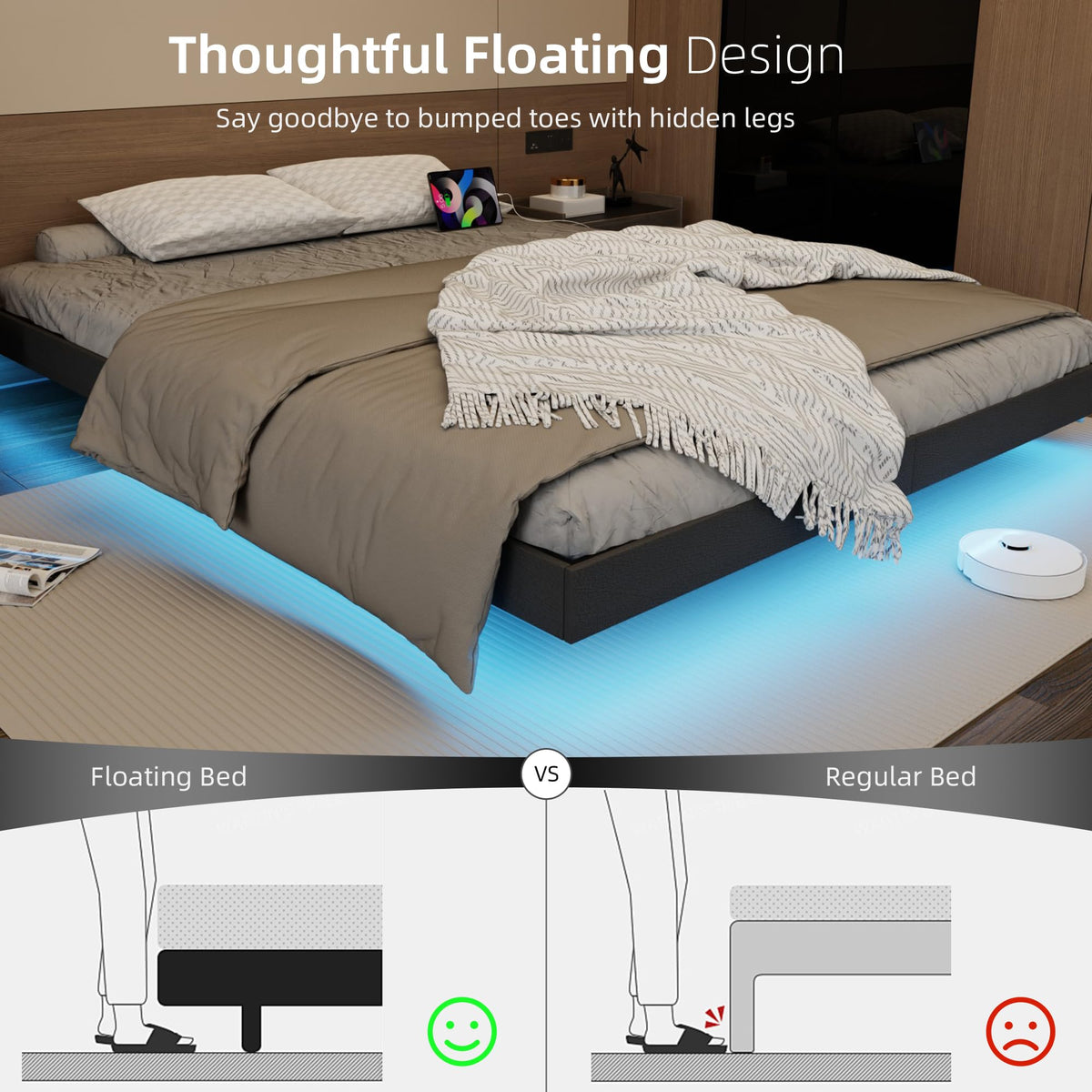 Black Floating Upholstered Platform Bed Frame Full Size with LED Lights and Charging Station L494
