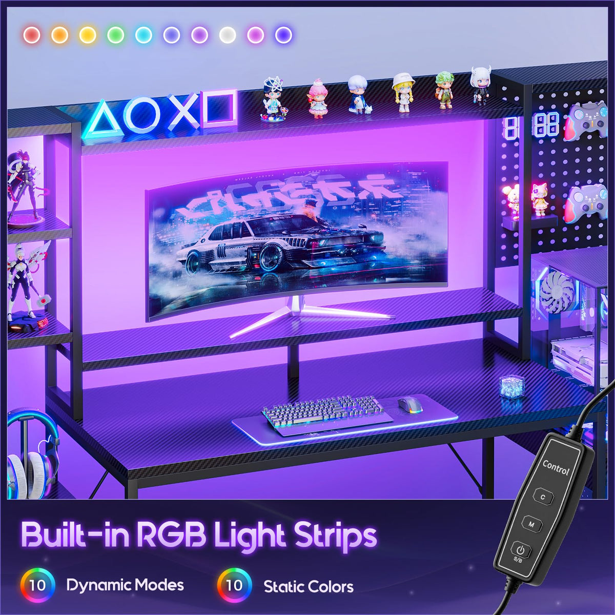 67 Inch Gaming Desk with Storage Shelves, 3 Drawers, LED Lights, Hutch Z781