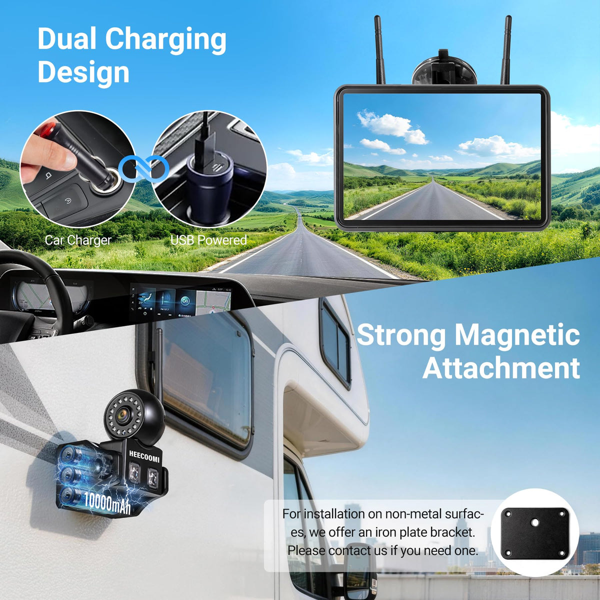 Magnetic Wireless Solar Backup Camera with 7" 1080P Touchscreen Monitor I631