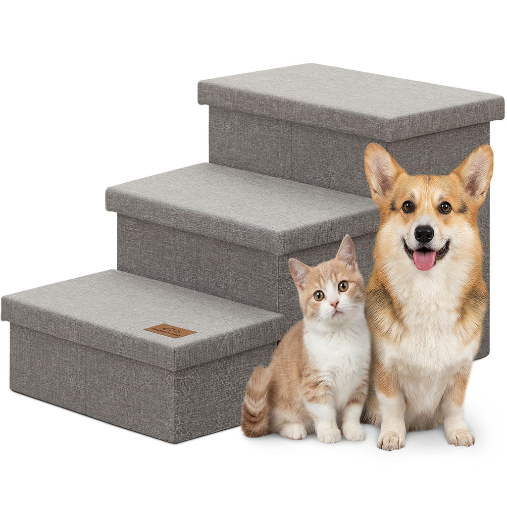 Grey 3 Steps Dog Stairs with Storage B19808