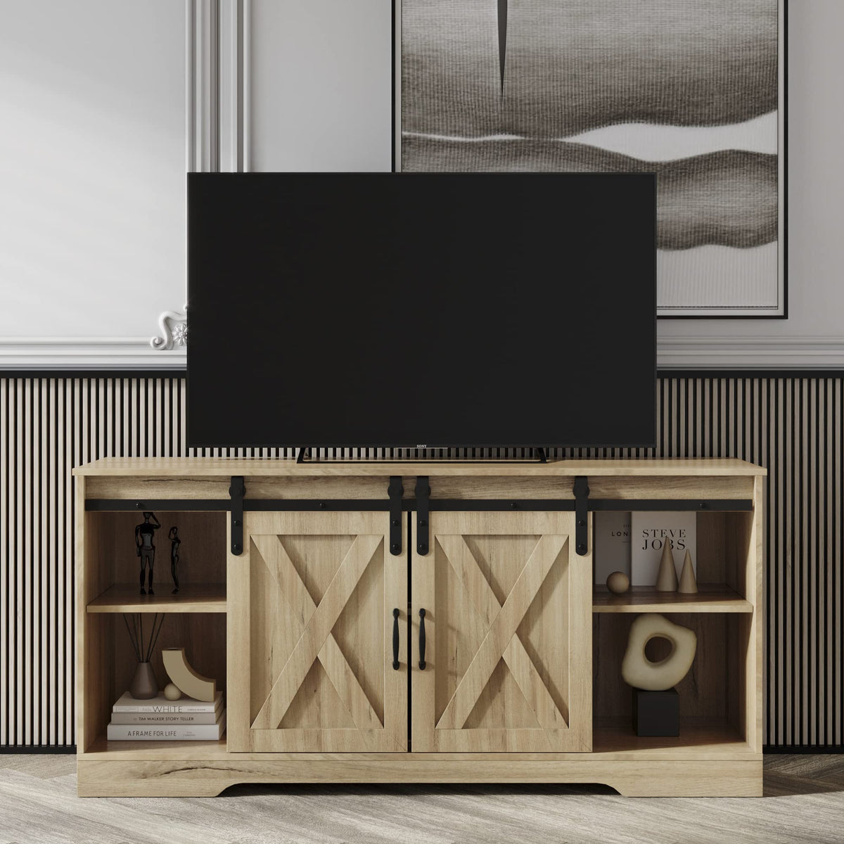 Sliding Barn Door Wood TV Stand with Adjustable Shelves J804087