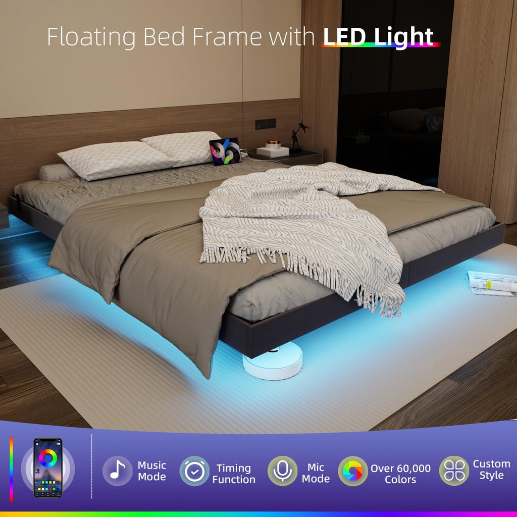 Black Floating Upholstered Platform Bed Frame Full Size with LED Lights and Charging Station L494