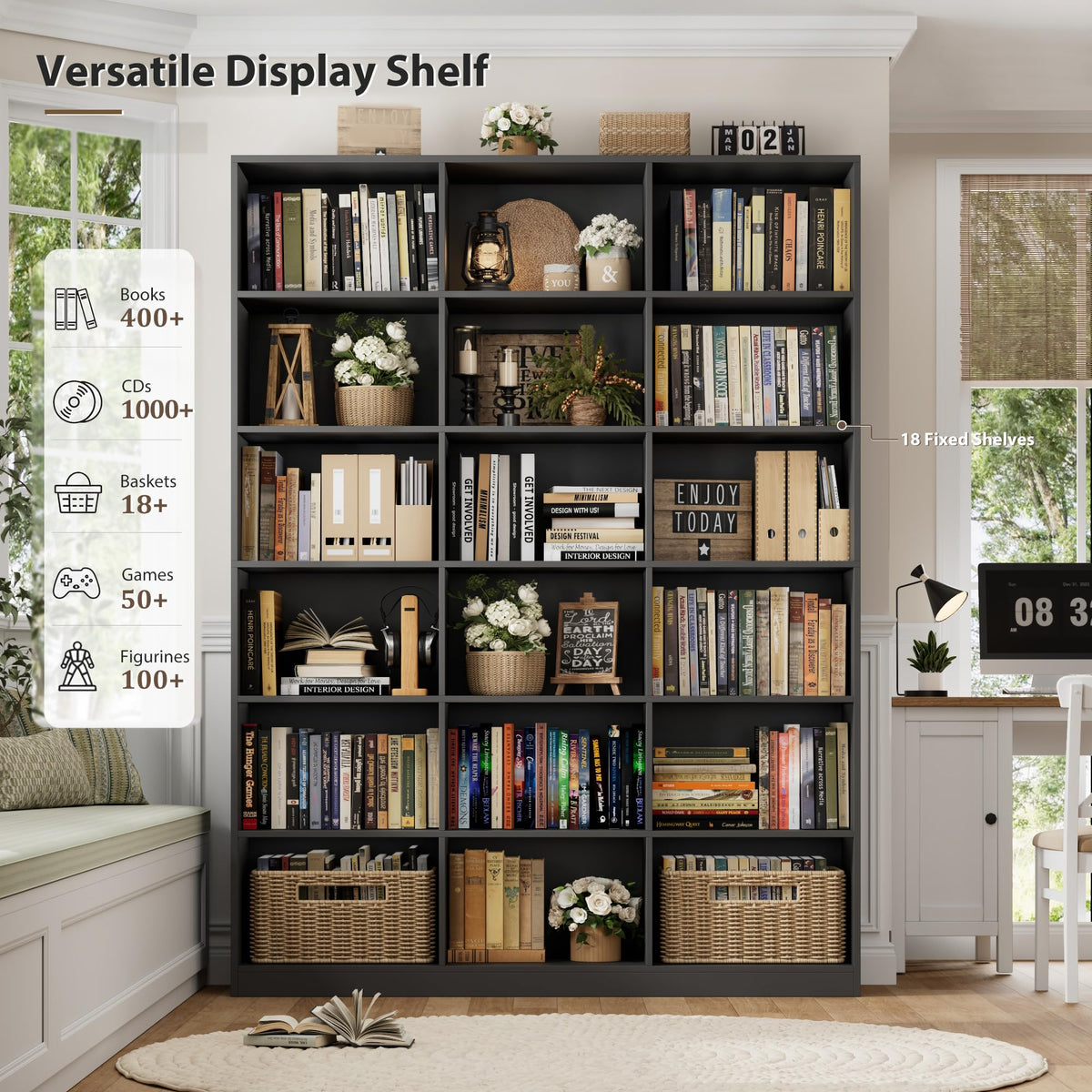 59" W Triple Wide Black Bookshelf and Bookcase F2489