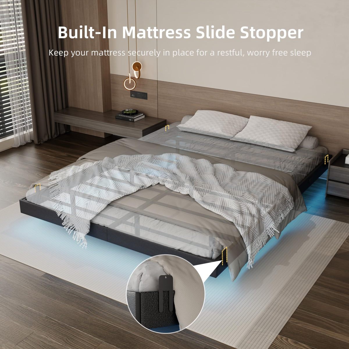 Black Floating Upholstered Platform Bed Frame Full Size with LED Lights and Charging Station L494
