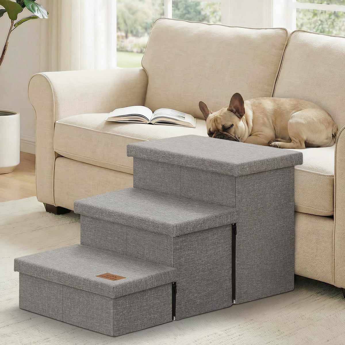 Grey 3 Steps Dog Stairs with Storage B19808