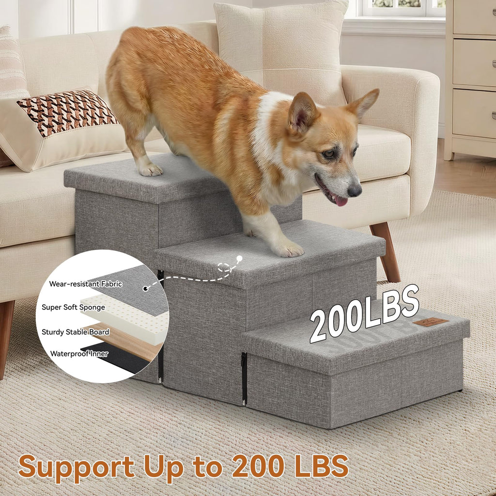Grey 3 Steps Dog Stairs with Storage B19808