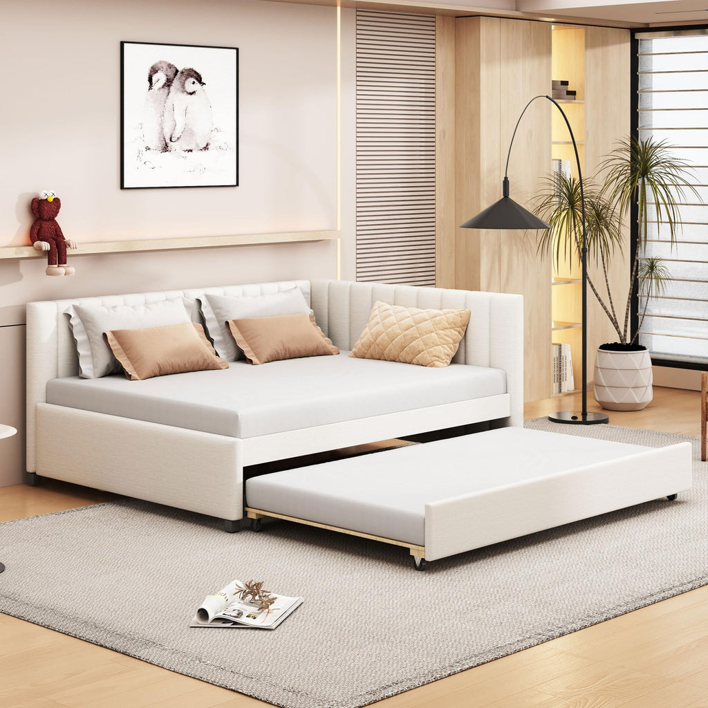 Beige Linen Upholstered Full Daybed with Twin Trundle Z2024