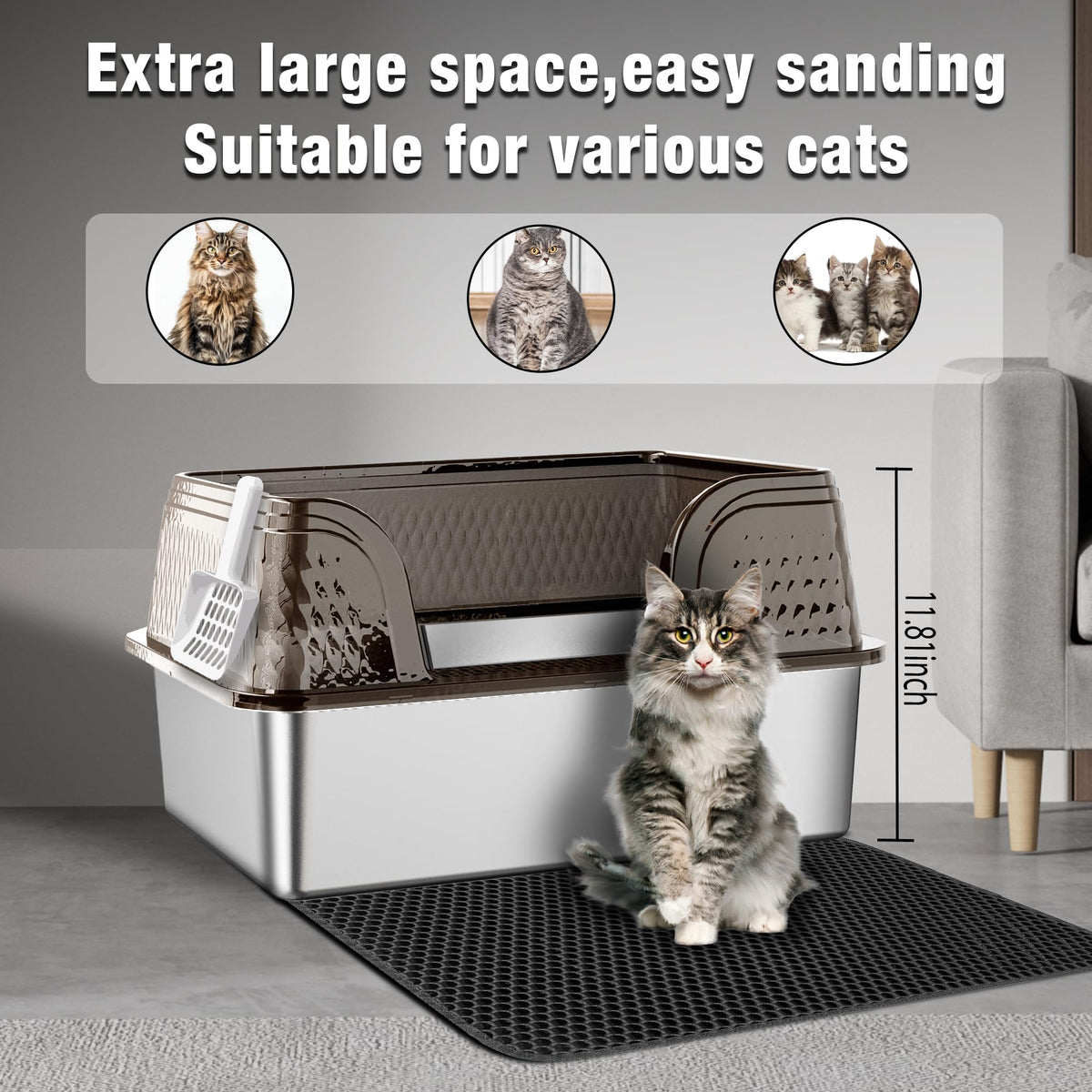 XXL Stainless Steel High Sided Cat Litter Box with Mat & Scoop Y991764