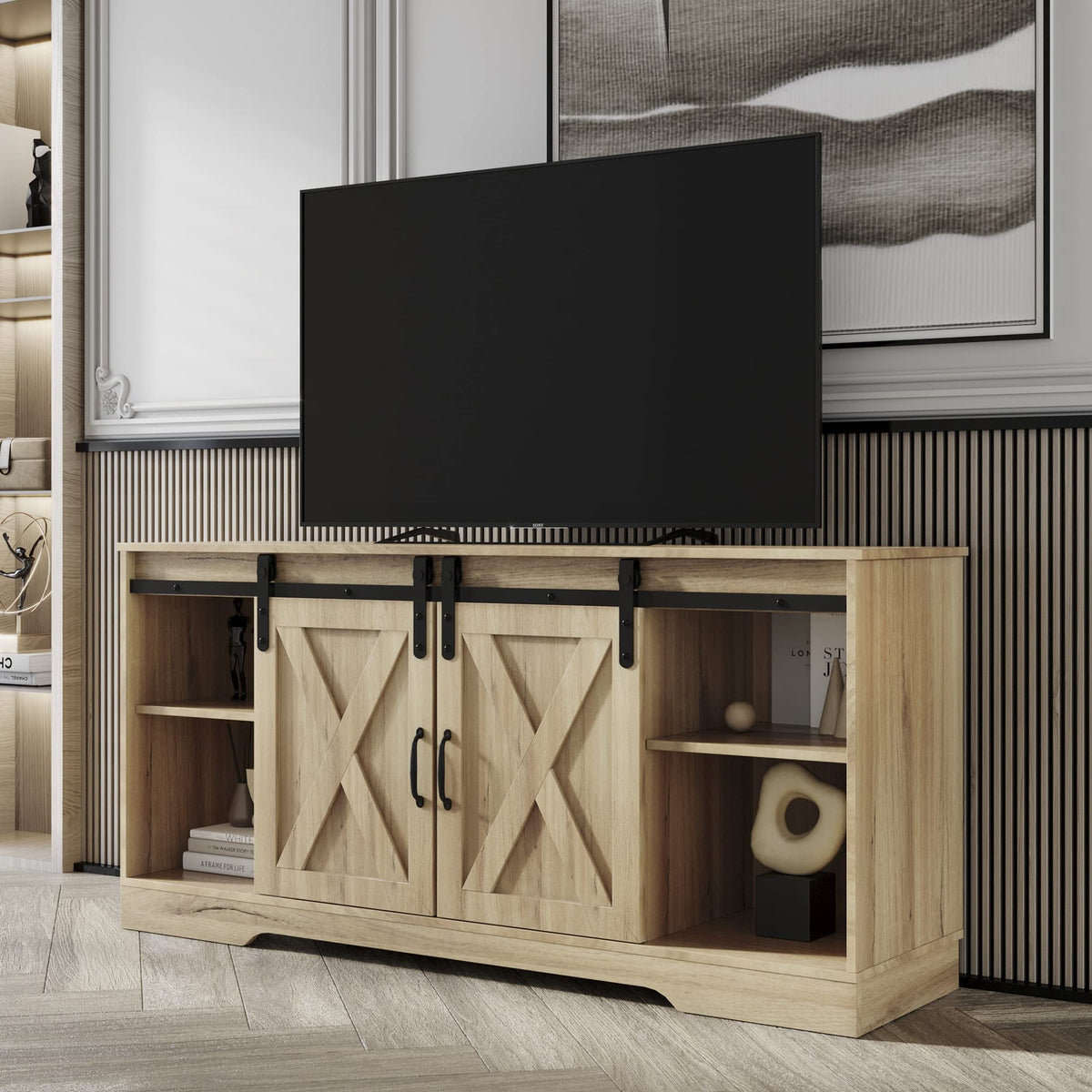 Sliding Barn Door Wood TV Stand with Adjustable Shelves J804087