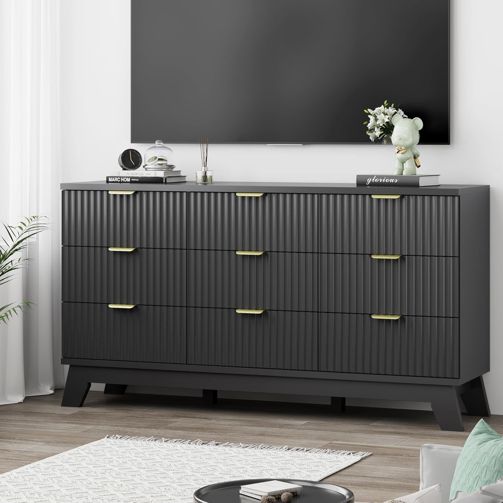 Black 9 Drawer Fluted Wood Dresser N811848