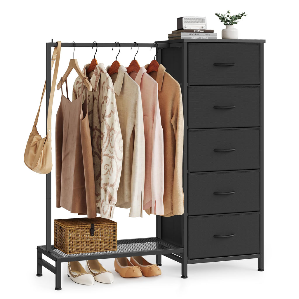 Fabric Dresser with Hanging Rod and 5 Drawers E696