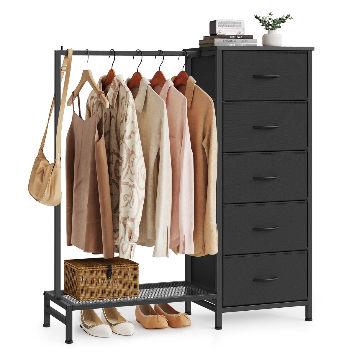 Fabric Dresser with Hanging Rod and 5 Drawers E696