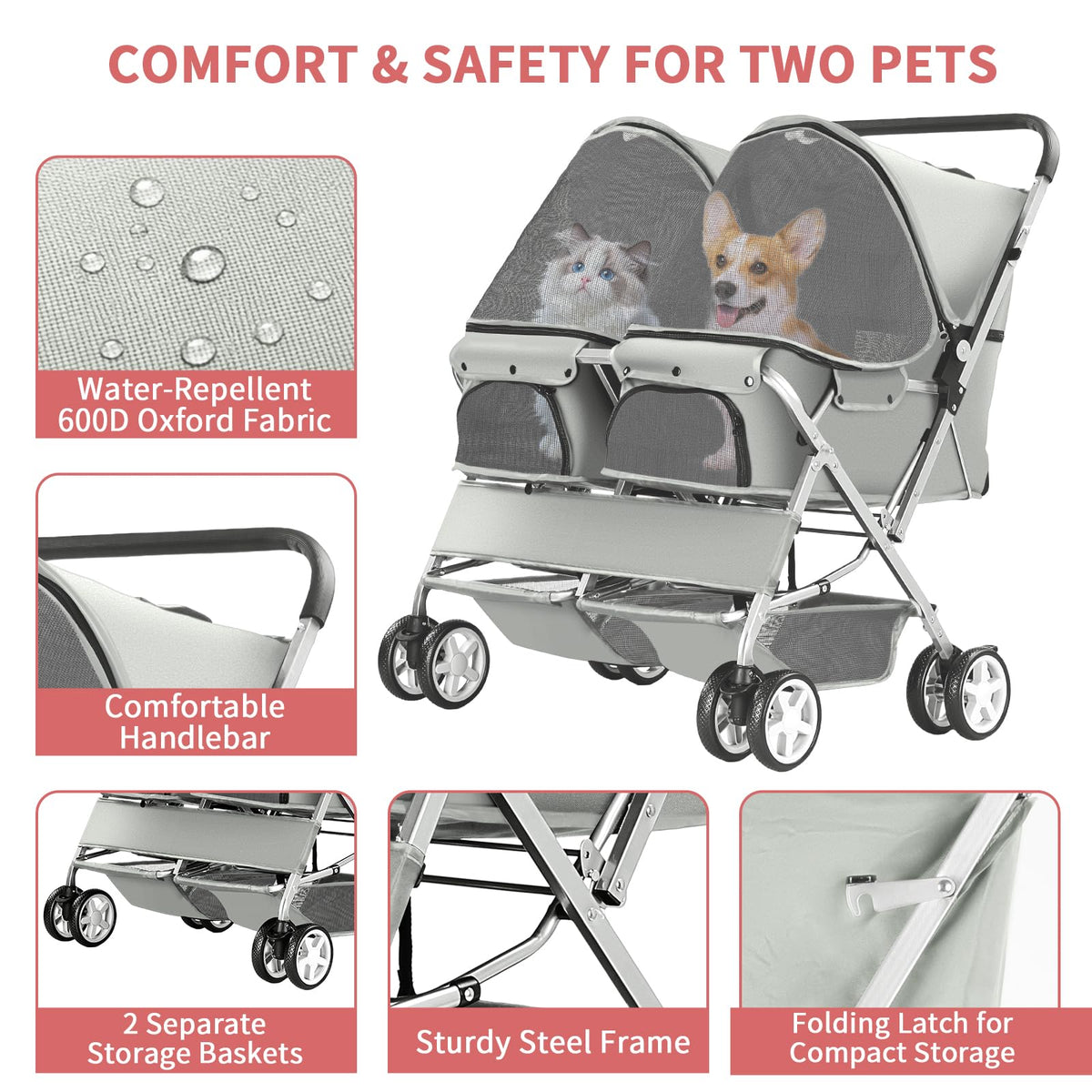 Gray Double Pet Stroller B7421
