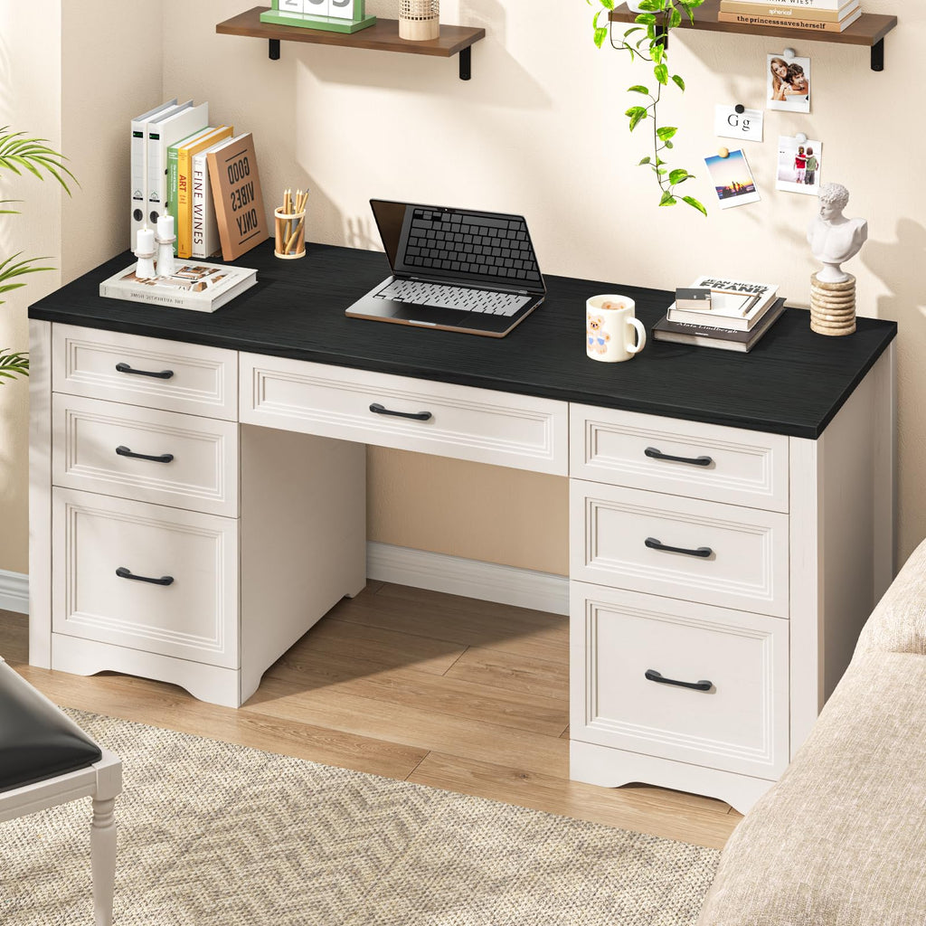 Black Wood Executive Desk with 2 File Drawers and 5 Storage Cabinets G353168