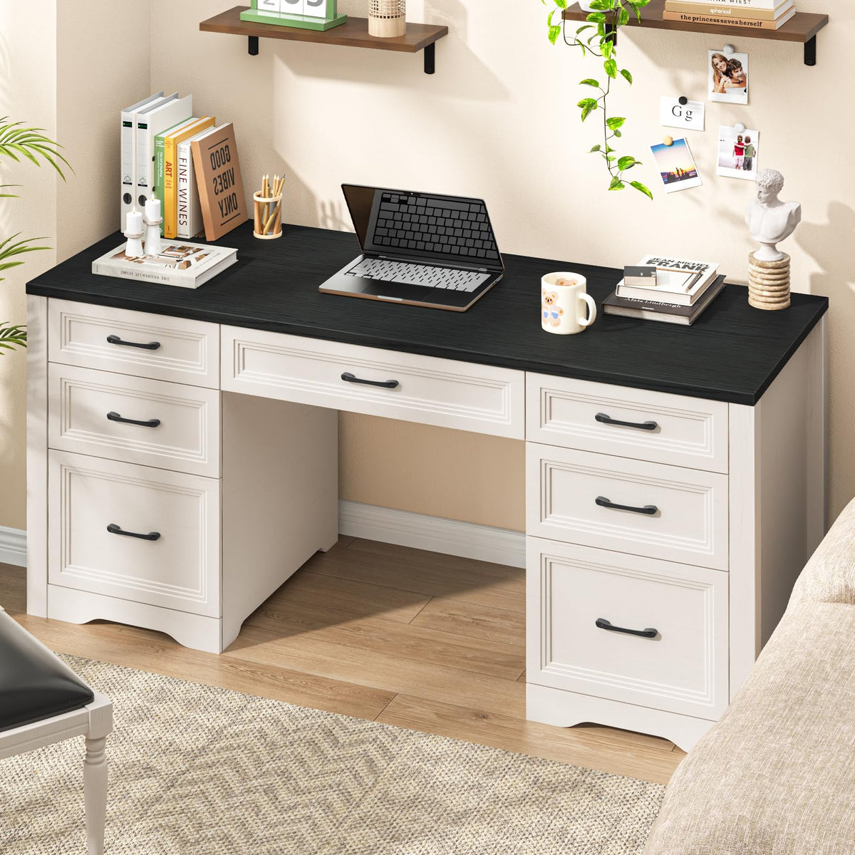 Black Wood Executive Desk with 2 File Drawers and 5 Storage Cabinets G353168