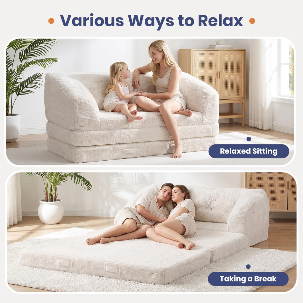 Convertible Folding Sofa Bed, 2 in 1 Portable Floor Couch & Foam Mattress with Handle, Space-Saving Faux Fur Futon Chair for Living Room, Bedroom, Guest Room (Loveseat, Beige) P217
