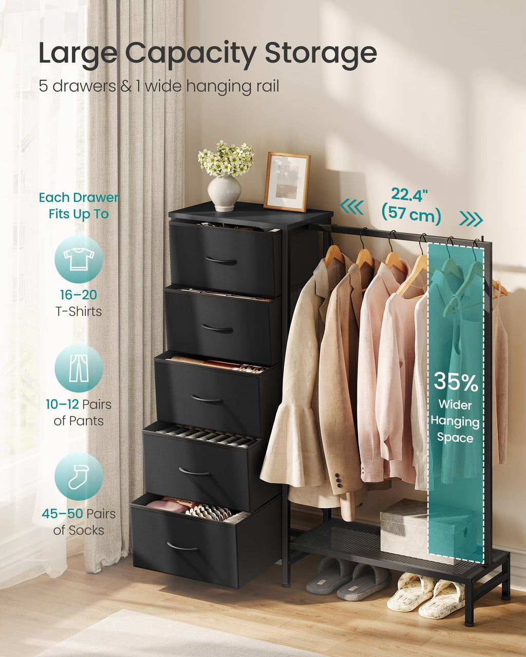Fabric Dresser with Hanging Rod and 5 Drawers E696