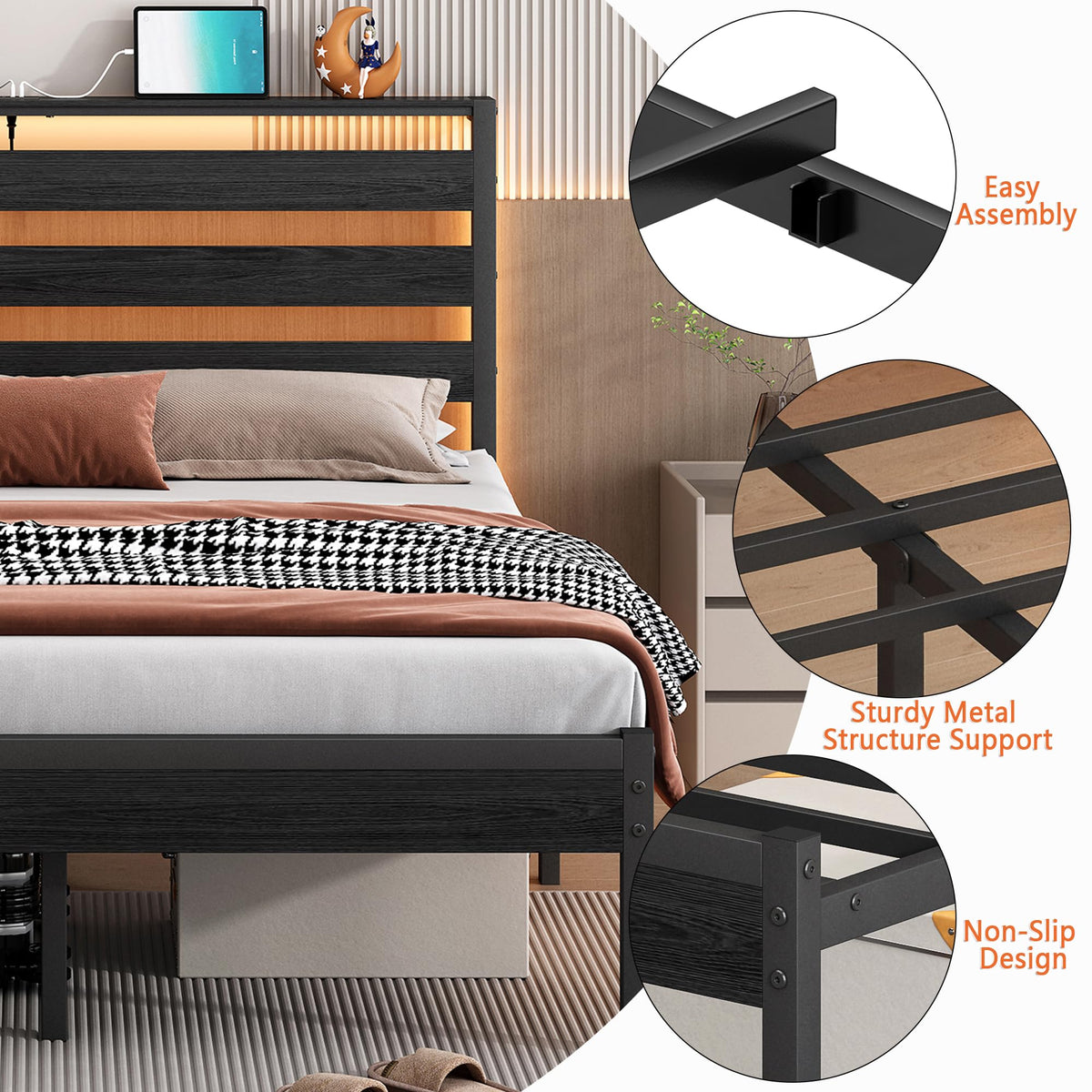 14 Inch Metal Platform Bed Frame with Headboard and USB Charging Station P5218