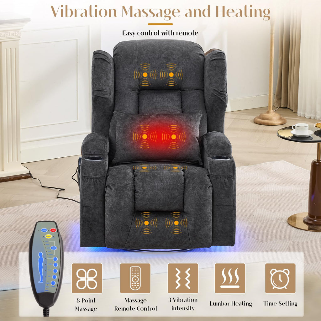 Grey Massage Heat Swivel Rocker Recliner Chair R9210