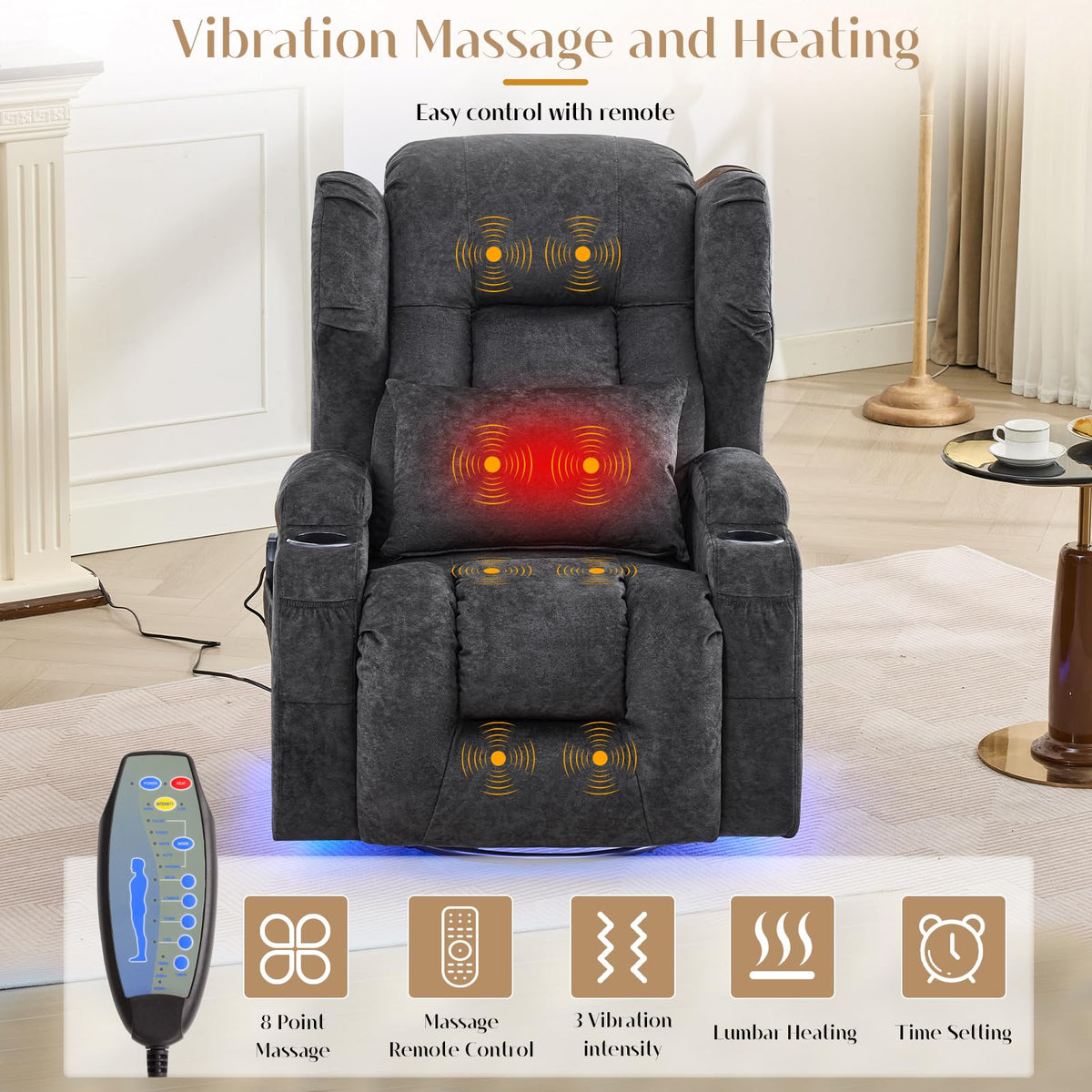 Grey Massage Heat Swivel Rocker Recliner Chair R9210