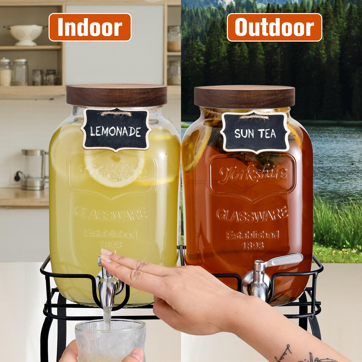 1 Gallon Glass Drink Dispenser with Stand, 2 Pcs D5575