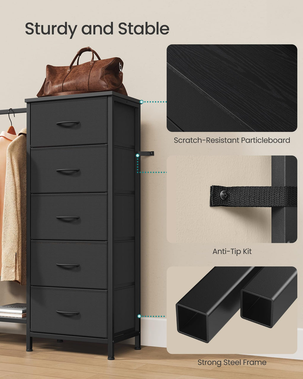 Fabric Dresser with Hanging Rod and 5 Drawers E696