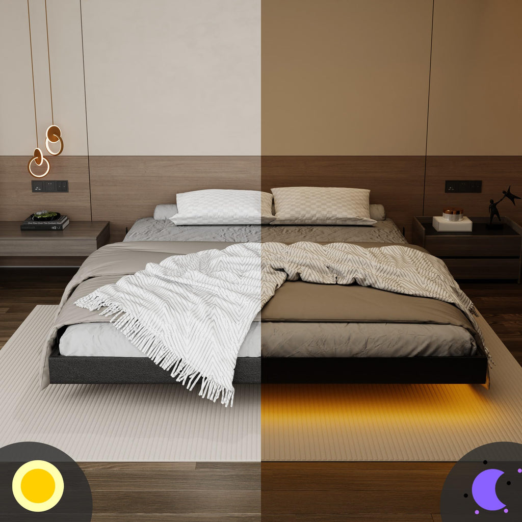 Black Floating Upholstered Platform Bed Frame Full Size with LED Lights and Charging Station L494