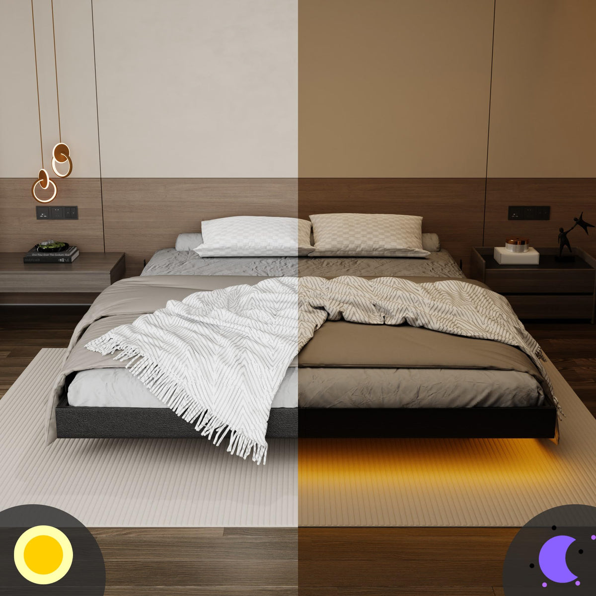 Black Floating Upholstered Platform Bed Frame Full Size with LED Lights and Charging Station L494