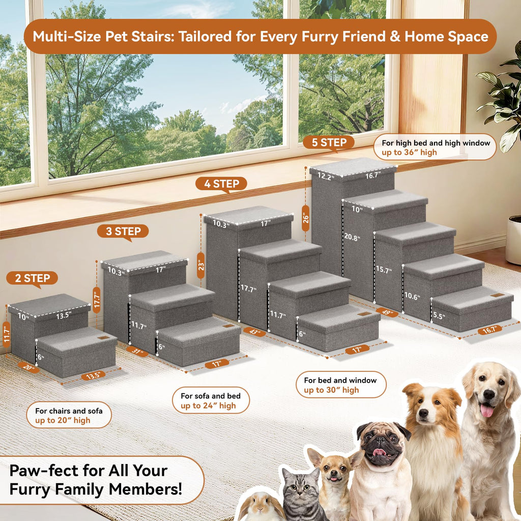 Grey 3 Steps Dog Stairs with Storage B19808