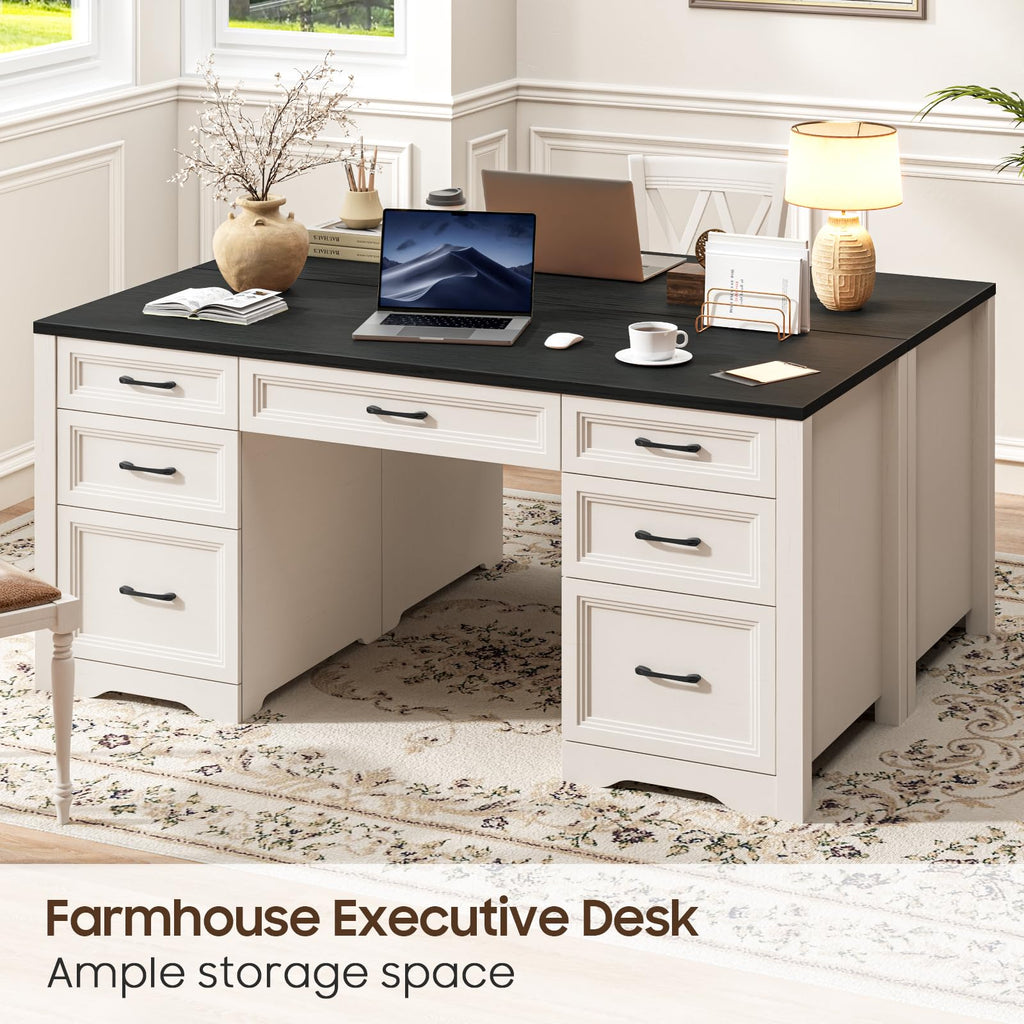 Black Wood Executive Desk with 2 File Drawers and 5 Storage Cabinets G353168