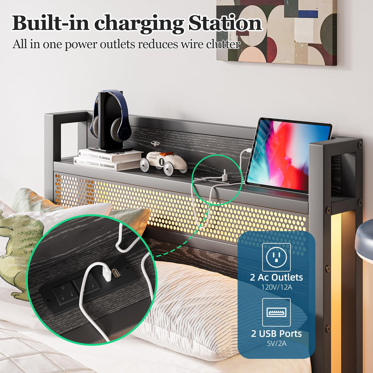 Black Metal Twin Size Bed Frame with Charging Station and LED Lights U58838
