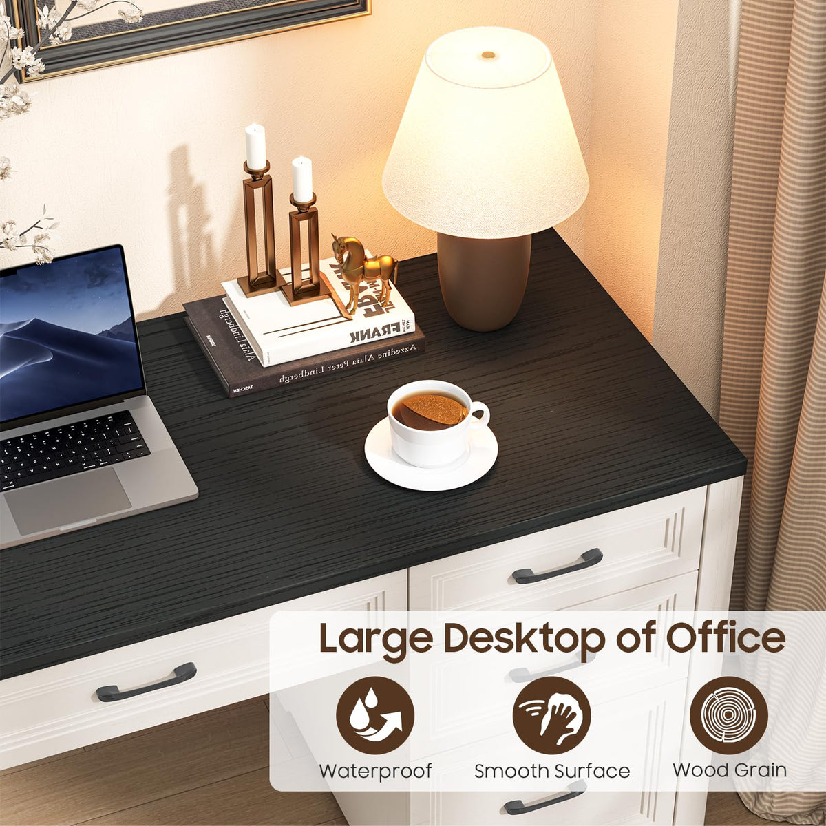 Black Wood Executive Desk with 2 File Drawers and 5 Storage Cabinets G353168