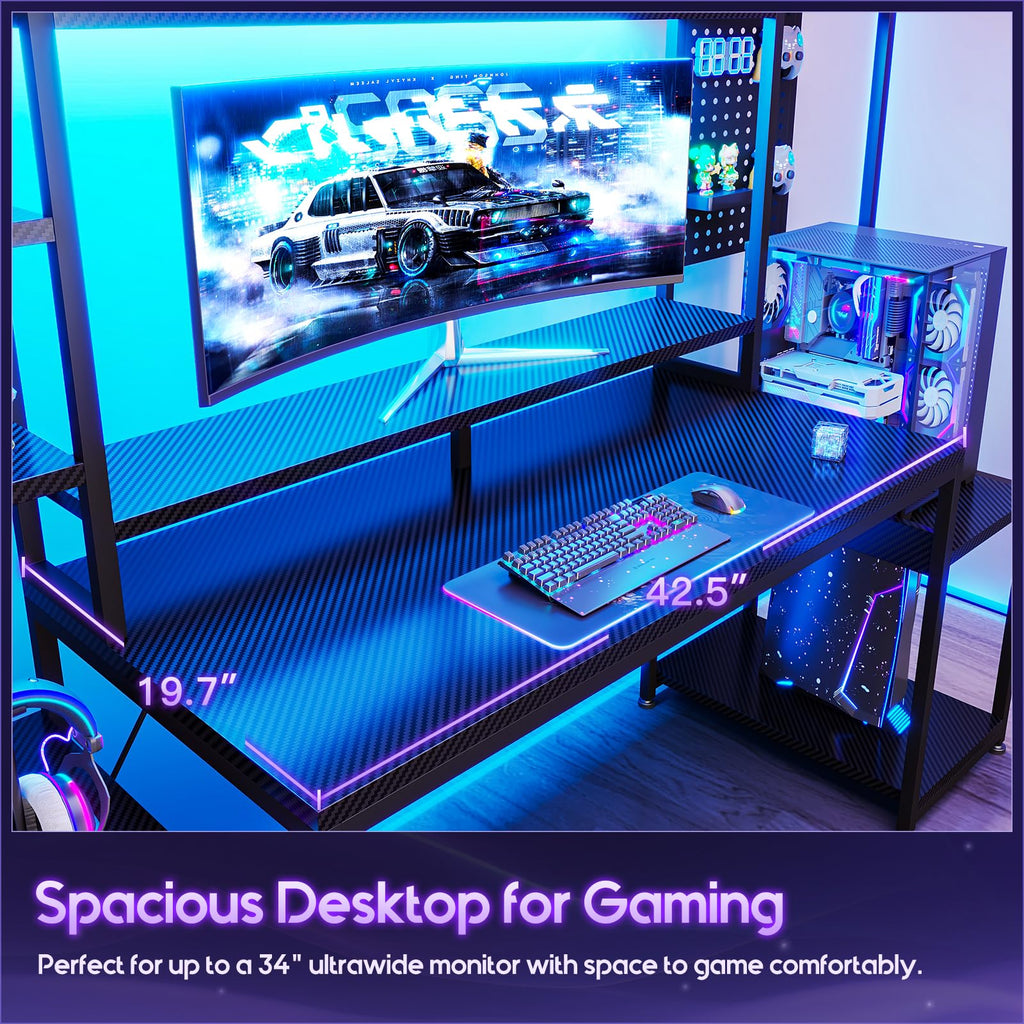 67 Inch Gaming Desk with Storage Shelves, 3 Drawers, LED Lights, Hutch Z781