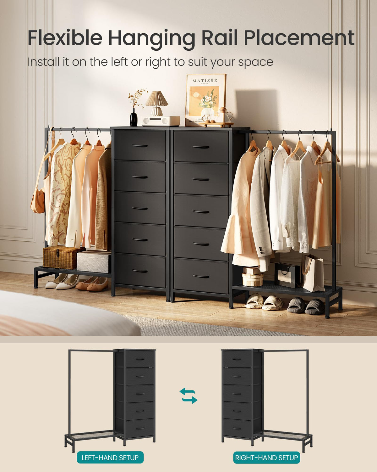 Fabric Dresser with Hanging Rod and 5 Drawers E696