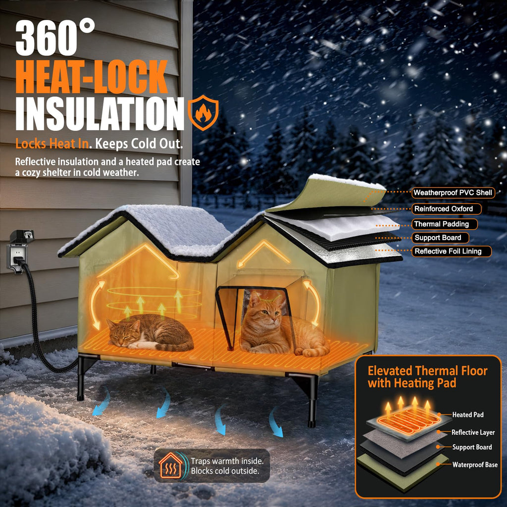 Heated Weatherproof Insulated Outdoor Cat House with Heating Pad O682298