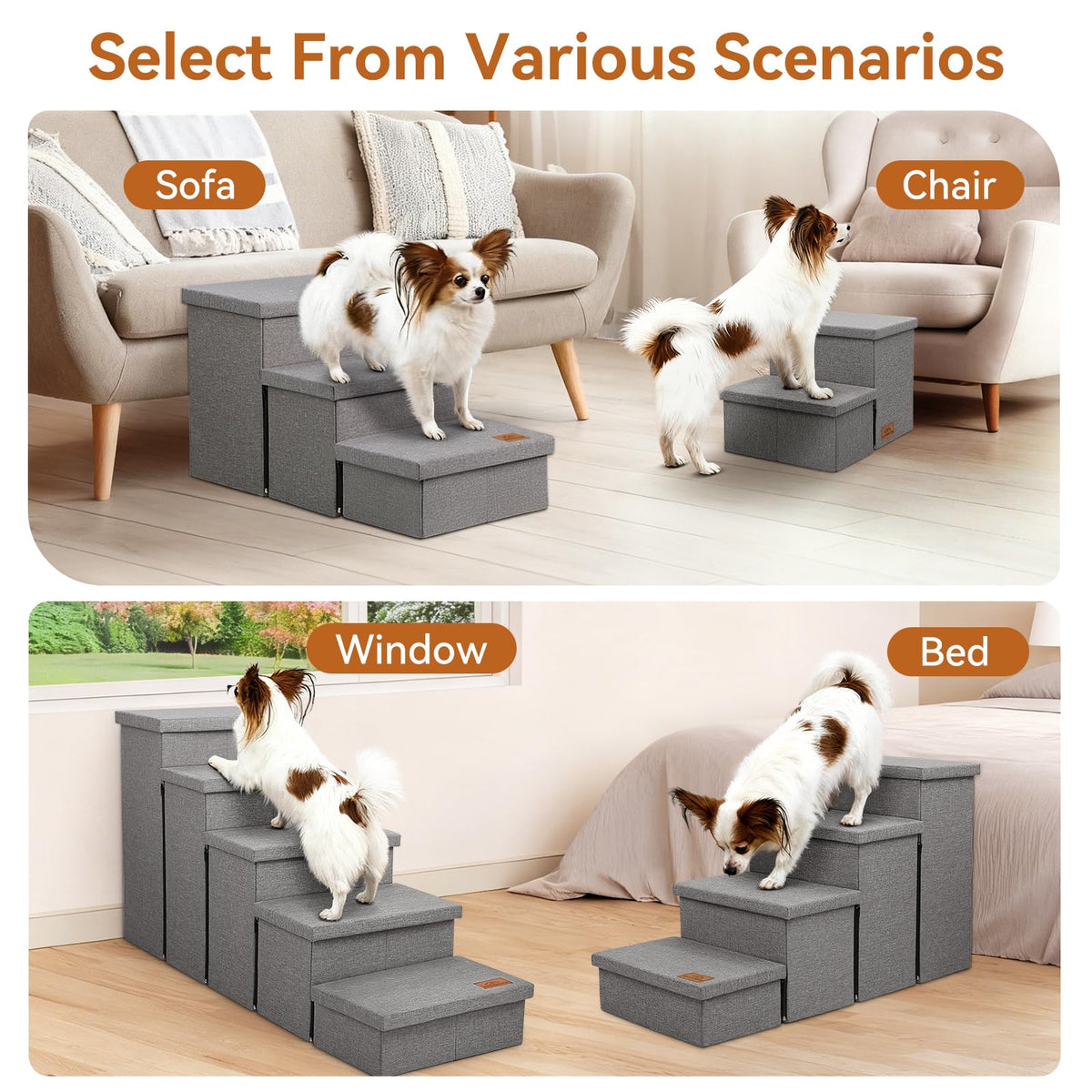 Grey 3 Steps Dog Stairs with Storage B19808
