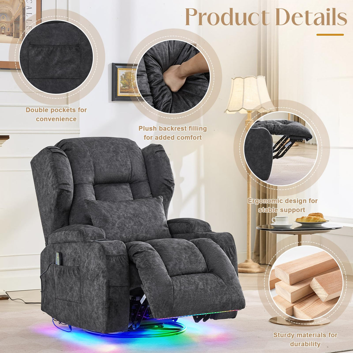 Grey Massage Heat Swivel Rocker Recliner Chair R9210